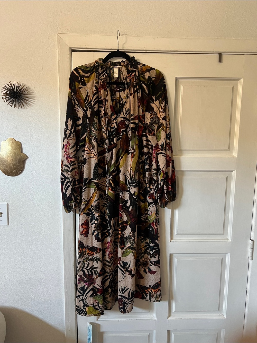 H&M Floral Long Sleeve Midi Dress - Beige, Black, Green, Pink